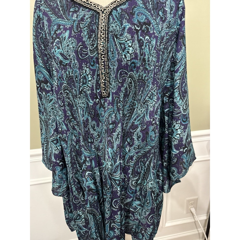 Catherines Bejeweled Pleated Blouse 3x V Neck Paisley Blue Resortwear - Picture 3 of 10